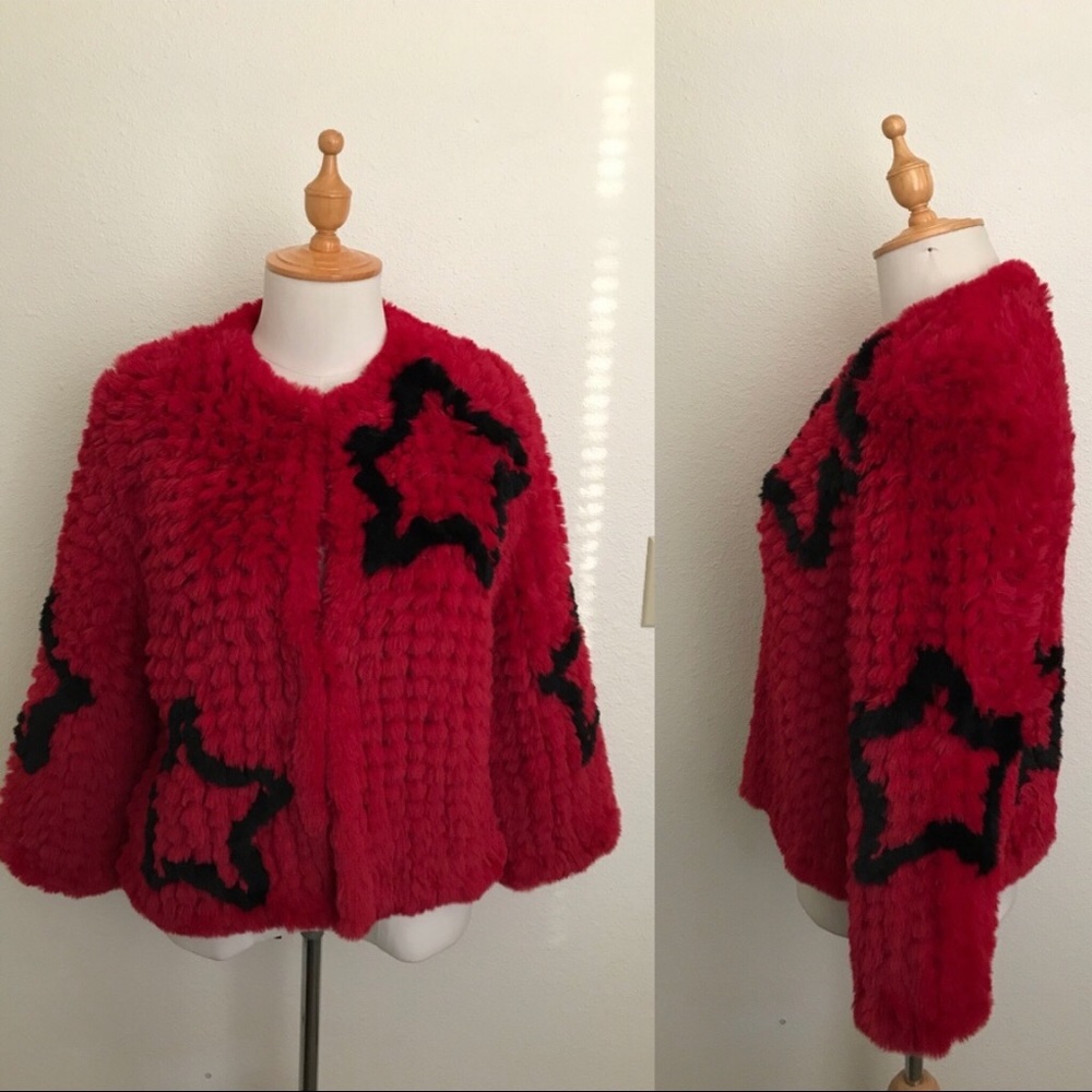 Belle Vere Deep Red Vegan Faux Fur Star Coat Sz XS